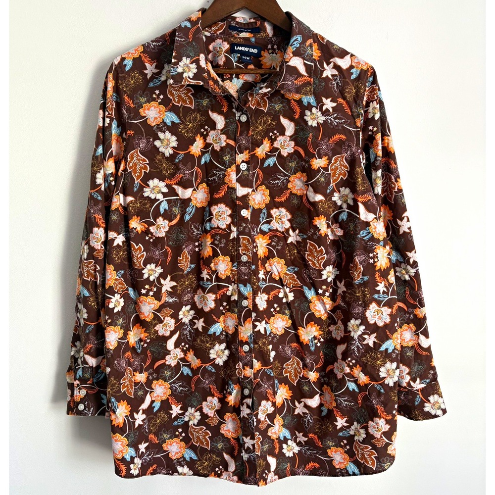 Lands End Women's No Iron Supima Cotton Button Up Top Size 24W Brown Floral Fall
